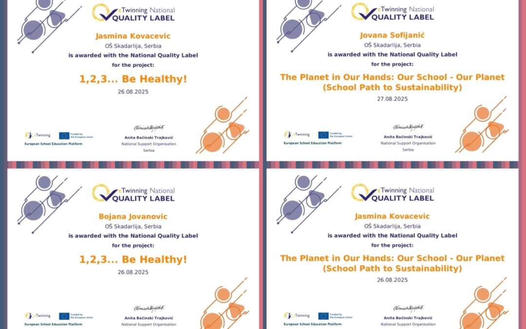 Наши eTwinning пројекти награђени Националном ознаком квалитета! 
